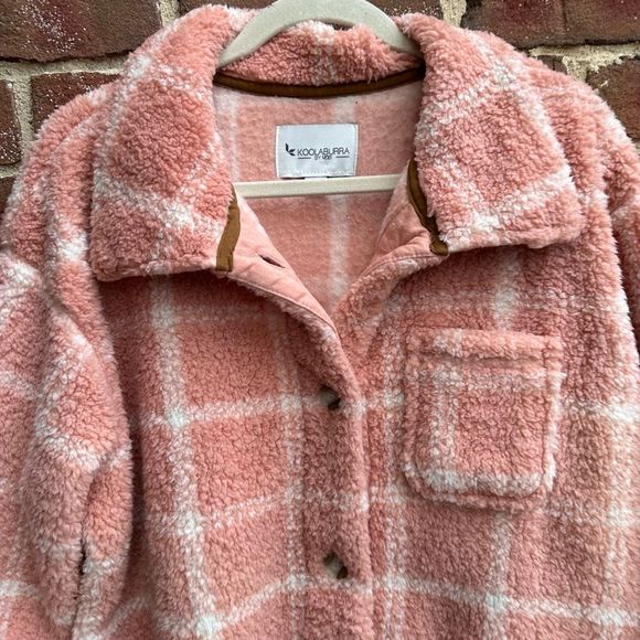 Koolaburra by UGG Women Plaid Brushed Sherpa Cozy shacket Pink Medium NEW - Picture 2 of 7